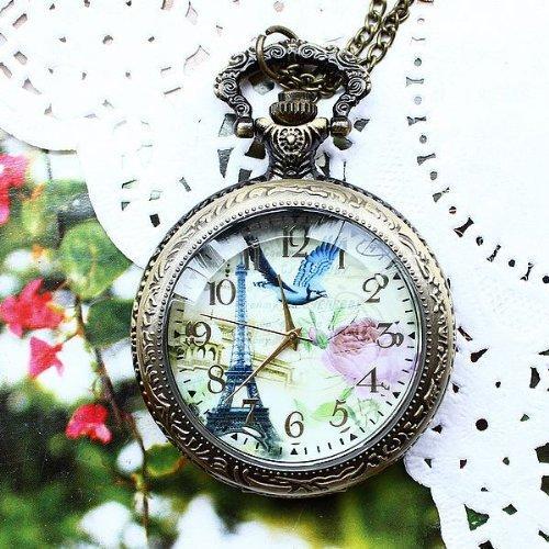 [Australia] - JewelryWe Retro Vintage Style French Tower Pocket Watch Pendant Rose and Bird Design Mens Women's Locket Watch 31" Chain Included (with Gift Bag) 