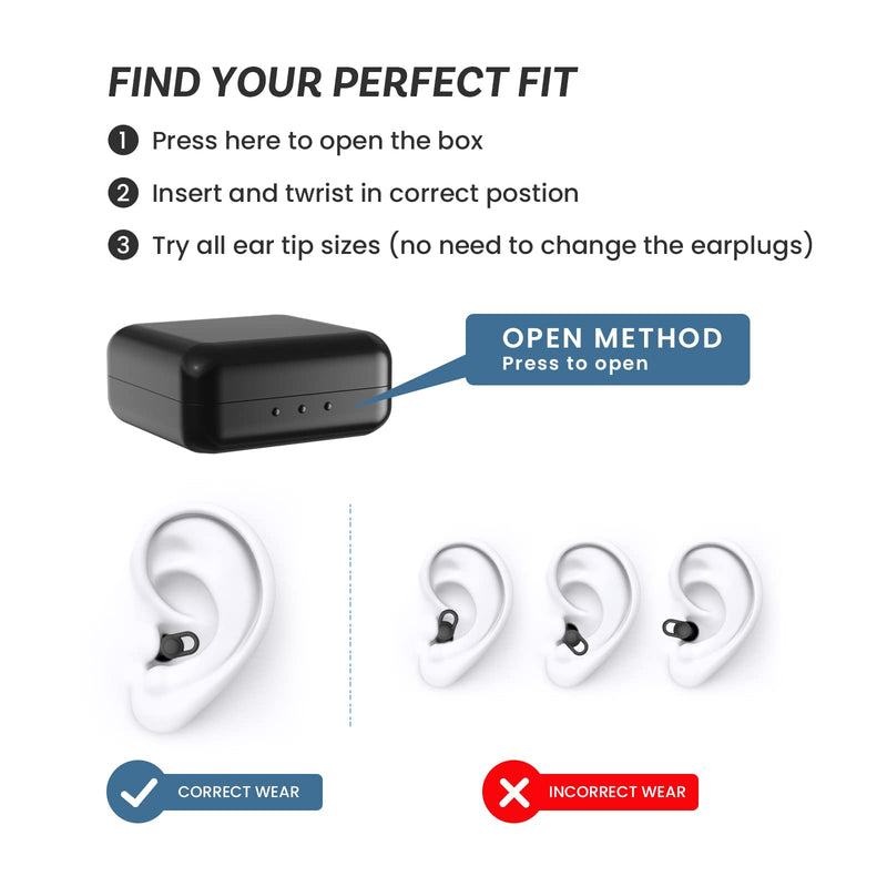 [Australia] - Silicone Ear Plugs for Noise Reduction - Reusable Soft Comfortable Earplugs for Sleeping,Noise Sensitivity & Flights -16 Ear Tips in XS/S/M/L, with 2 Travel Boxes - 33dB Noise Cancelling (Black) Black 