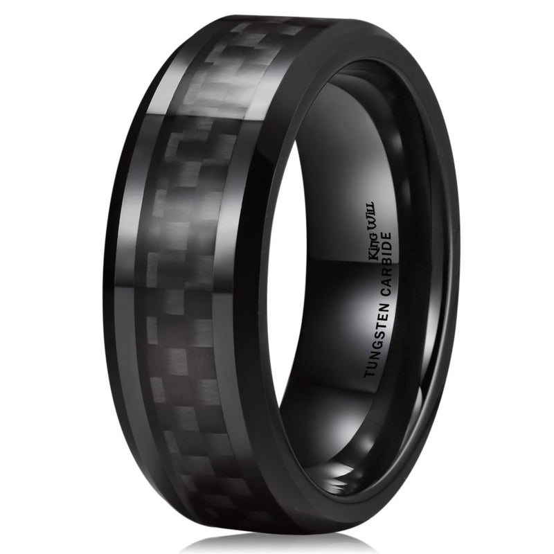 [Australia] - King Will GENTLEMAN 8mm Black Tungsten Carbide Ring Black/Red/Green/Blue Carbon Fiber Inlay Polished Finish Edges Comfort Fit 6 