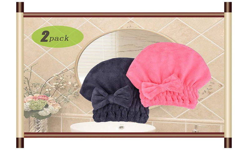 [Australia] - MAYOUTH Microfiber Hair Drying Towels Head wrap with Bow-Knot Shower Cap Hair Turban hairWrap Bath Cap for Curly Long & Wet Hair Gift for Women 2pack 1darkgrey+rose Red 