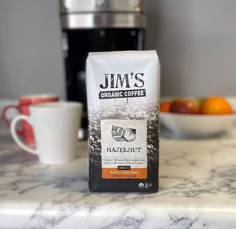 [Australia] - Jim’s Organic Coffee – Hazelnut, All Natural Flavored Blend – Light Roast, Ground Coffee, 12 oz Bag 