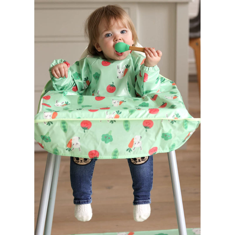 [Australia] - Bibetta Wipeezee XL Coverall Weaning Bib - Baby Bib with Sleeves - Wipe Clean Coverall Bib for Baby and Highchair Baby Led Weaning Unisex for Babies and Toddlers 6 Months +… Green - Bunny & Veg 