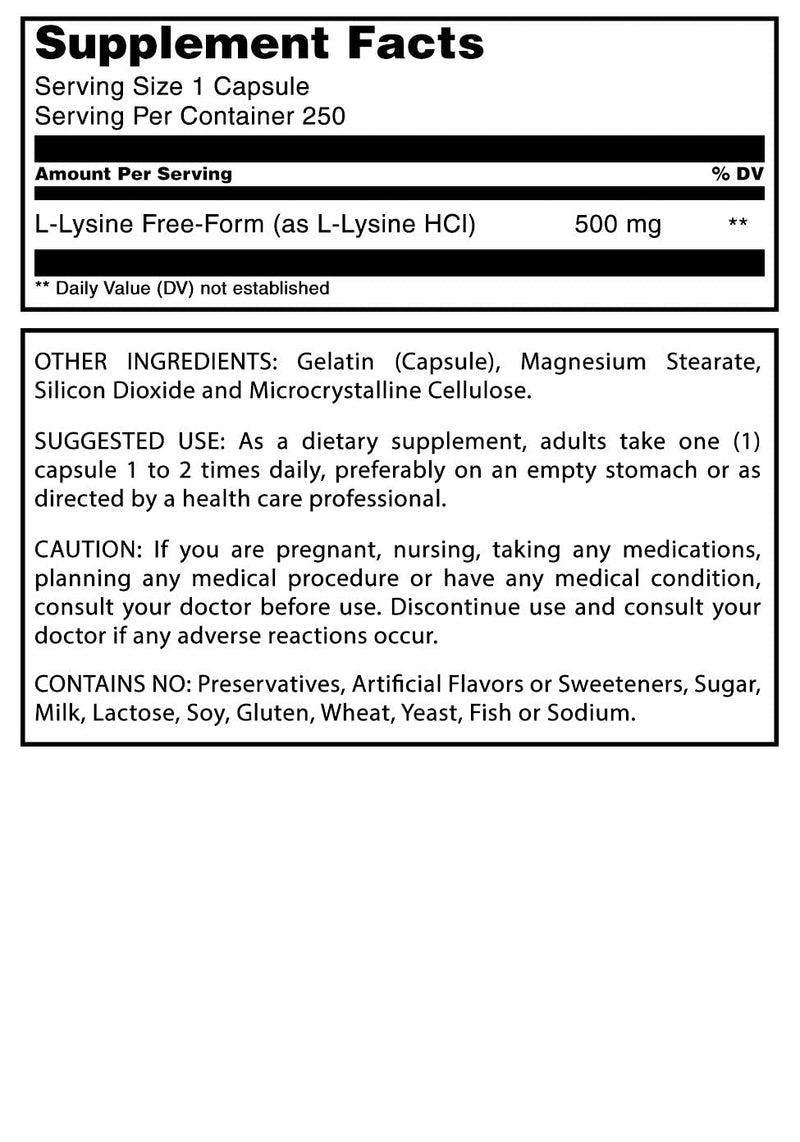 [Australia] - Amazing Formulas L-Lysine 500mg Amino Acid Capsules -(Non GMO,Gluten Free) - Immune Support, Respiratory Health & More (250 Caspules) 
