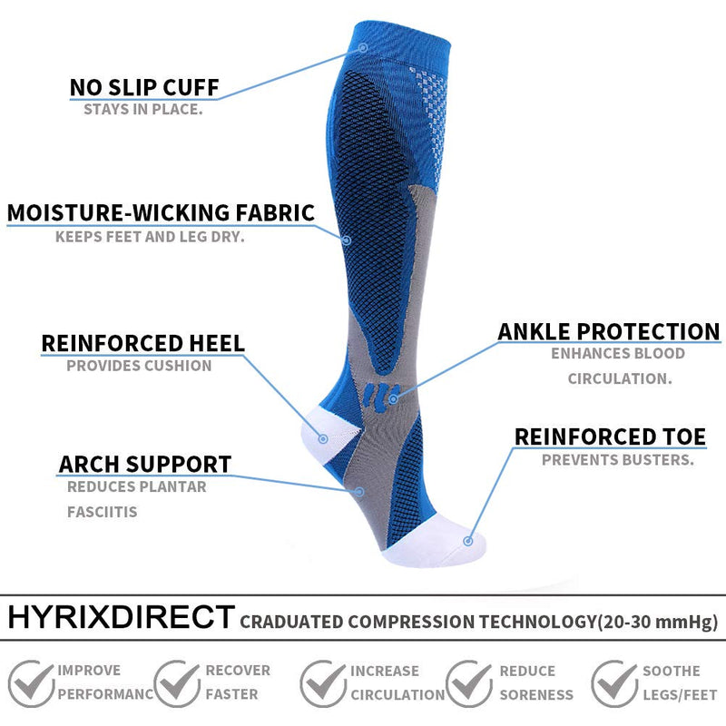[Australia] - 6 Pairs Compression Socks for Men Women 20-30mmhg Knee High Medical Support for Sports Nurses Circulation Flight Athletic White Blue Black X-Large-XX-Large 