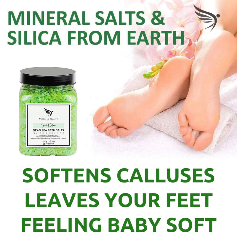 [Australia] - Tea Tree Foot Soak Aromatherapy Bath Salts - Made in UK (450g) Natural Dead Sea Salts for Women, Men, Girls and Kids. Luxury Detox with Tea Tree Essential Oils 