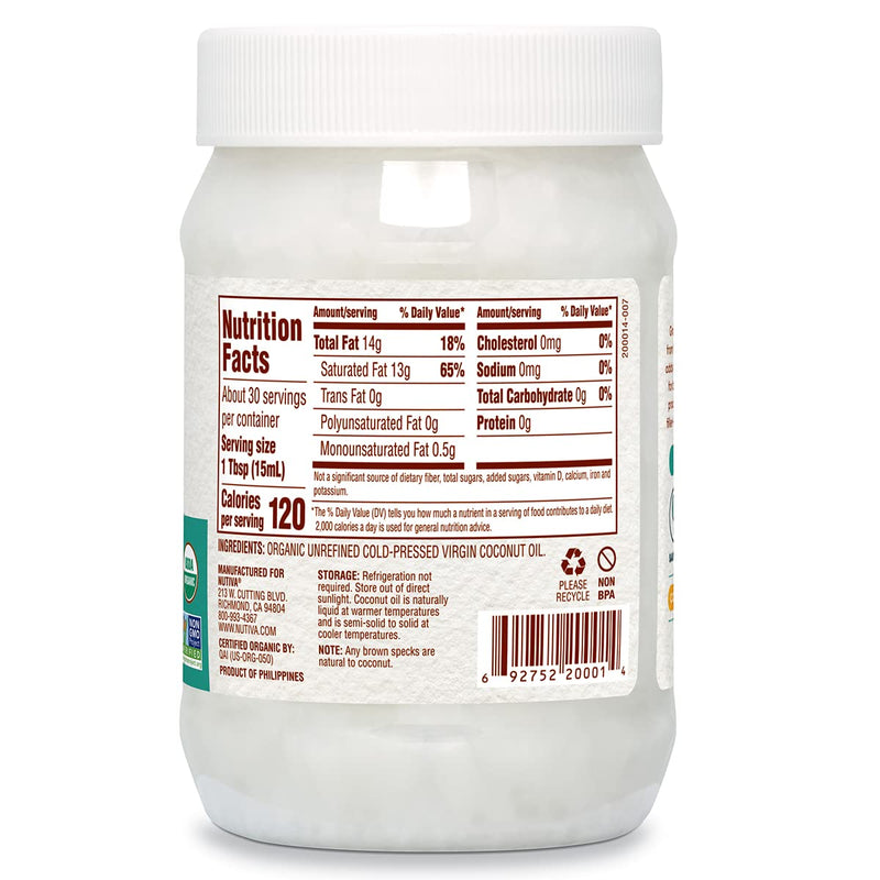 [Australia] - Nutiva Organic Cold-Pressed Virgin Coconut Oil, 15 Fl Oz, USDA Organic, Non-GMO, Whole 30 Approved, Vegan, Keto, Fresh Flavor and Aroma for Cooking & Healthy Skin and Hair 15 Fl Oz (Pack of 1) 