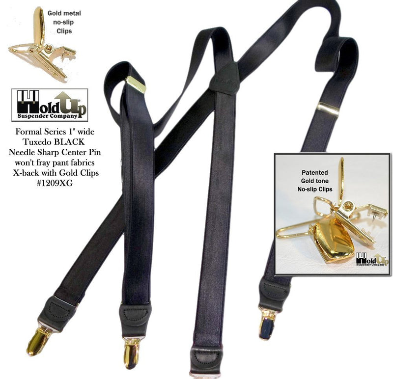 [Australia] - Holdup Suspender Company Tuxedo Black Formal Series 1" wide Satin Finish X-back Suspenders with Patented No-slip Gold-tone clips 
