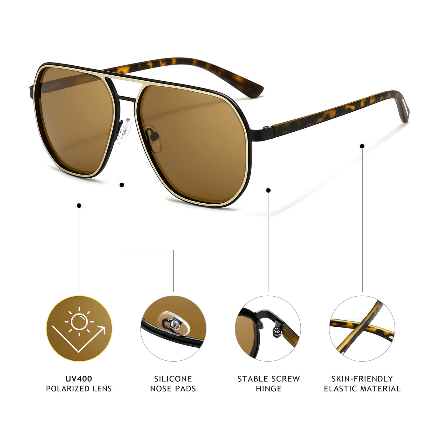 SUNGAIT Polygon Aviator Sunglasses for Men Polarized Trendy Square Sun  Glasses Retro Pilot Shades UV Protection Amber Frame/Gold Rim/Brown Lens 60  Millimeters