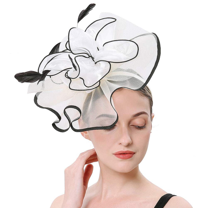 [Australia] - Sinamay Feather Fascinators Womens Pillbox Flower Derby Hat for Cocktail Ball Wedding Church Tea Party Black and White 