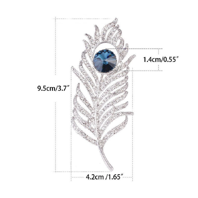 [Australia] - OBONNIE Women Silvery Tone CZ Crystal Rhinestones Large Peacock Feather Brooch Pin Wedding Party Badge 