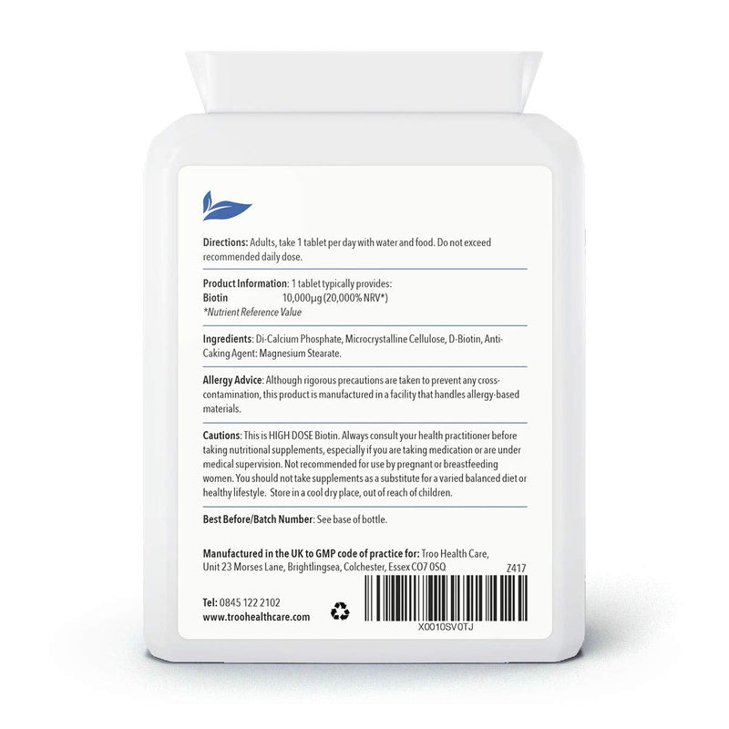 [Australia] - Biotin 10000�g Supplement - 120 High Strength 10000 mcg Vitamin B7 Tablets for Hair Skin and Nail Support - UK Manufactured to GMP Standards - 4 Month Supply 
