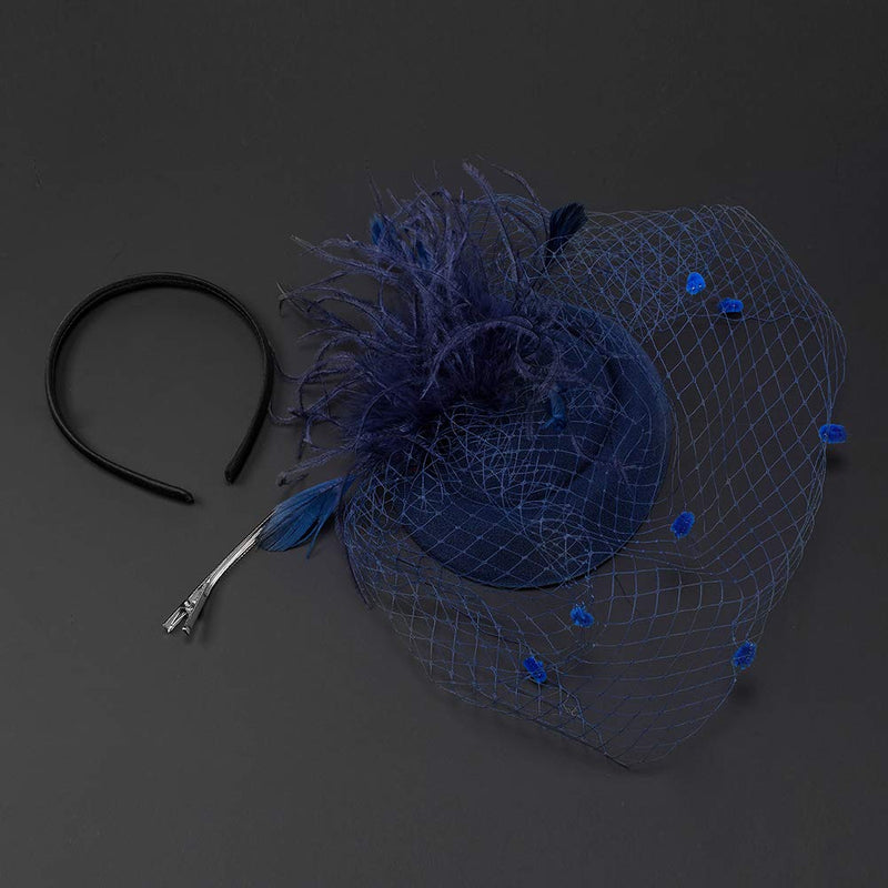 [Australia] - BLACK DALAMJU Fascinator With Veil Women Hat Mesh Feather Hair Clip Wedding Navy Blue 