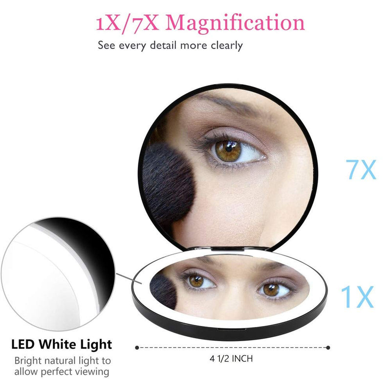 [Australia] - Travel Lighted LED Makeup Mirror 7X/1X Magnification Compact Vanity Mirror with Lights, USB Rechargeable Lighted Handheld Mirror,Dimmable Cosmetic Mirror with Touch Screen Switch,USB Charge (Black) Black 