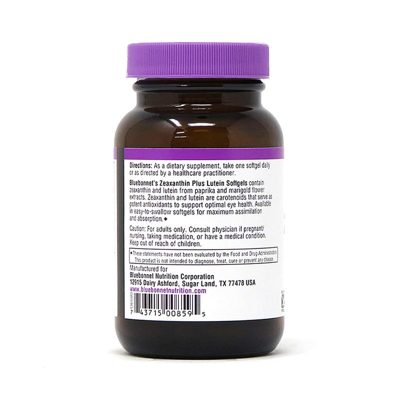 [Australia] - Bluebonnet Nutrition Zeaxanthin Plus Lutein Softgel, Lutein & Zeaxanthin, Eye Health & Blue Light Exposure, Lutein from Marigold, Zeaxanthin from Paprika, Gluten Free, Soy Free, Milk Free, 60 Softgels 