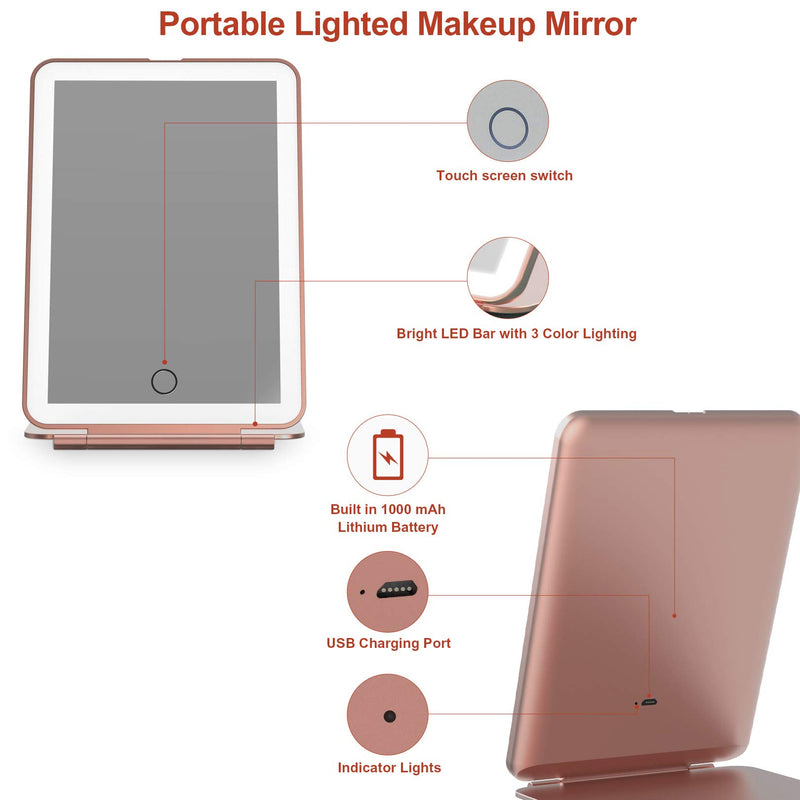[Australia] - Rechargeable Makeup Vanity Mirror with 72 Led Lights, Lighted Portable Light up Travel Beauty Mirror, 3 Color Lighting, Dimmable Touch Screen, Tabletop Cosmetic Mirror (Rose Gold) Rose Gold 