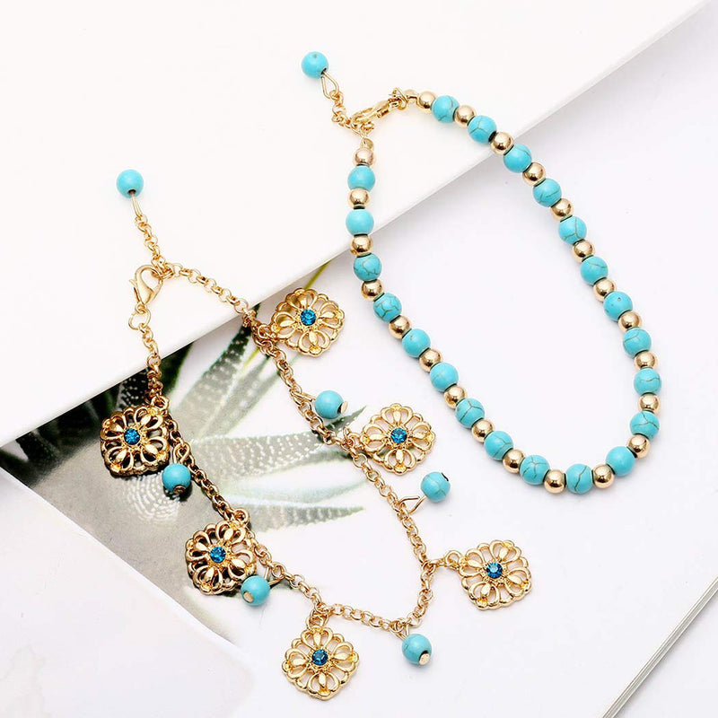 [Australia] - Asooll Gold Vintage Turquoise Anklet Flower Totem Anklet Multi-layered Foot Chain Jewelry for Women and Girls 