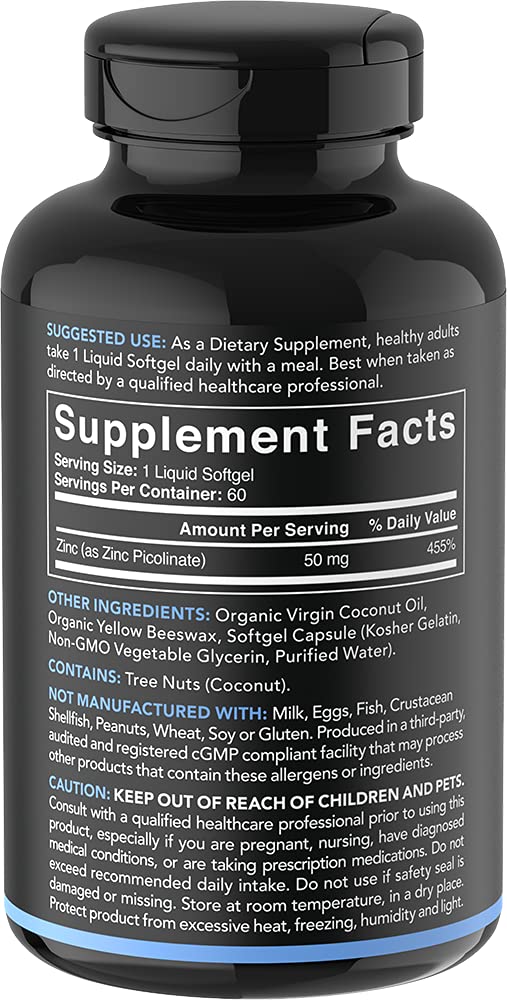 [Australia] - Zinc Picolinate 50mg with Organic Coconut Oil | Highly Absorbable Zinc Supplement for Healthy Immune Function | Non-GMO Verified, Gluten & Soy Free (60 Liquid Soft gels) 
