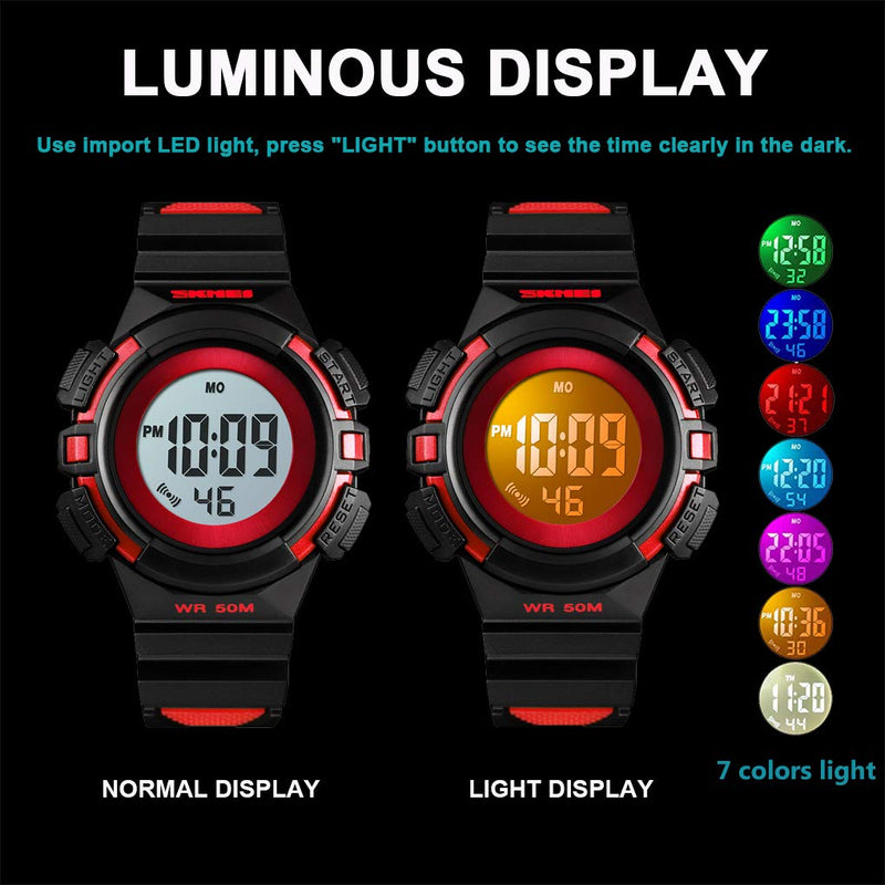 [Australia] - CakCity Kids Watches Digital Outdoor Sport Waterproof Electrical EL-Lights Watches with Alarm Luminous Stopwatch Casual Military Child Wrist Watch Gift for Boys Girls Ages 5-10 Red 