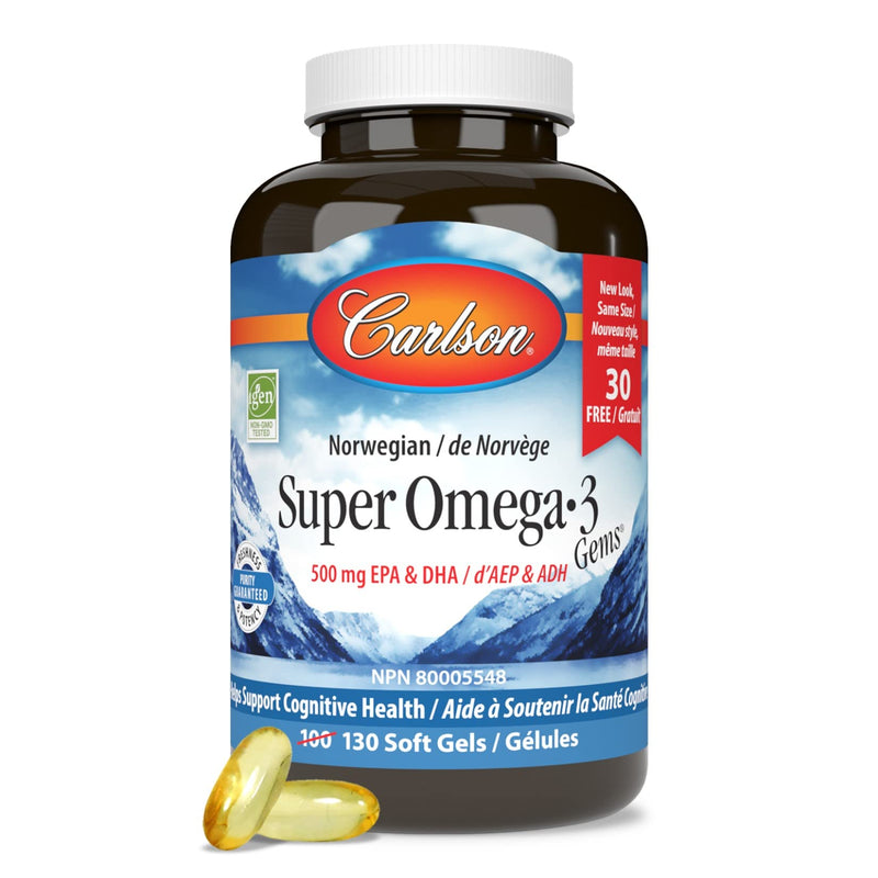 [Australia] - Carlson - Super Omega-3 Gems, 1200 mg Omega-3 Fatty Acids with EPA and DHA, Wild-Caught Norwegian Fish Oil Supplement, Sustainably Sourced Fish Oil Capsules, Omega 3 Supplements, 100+30 Softgels 130 Count (Pack of 1) 