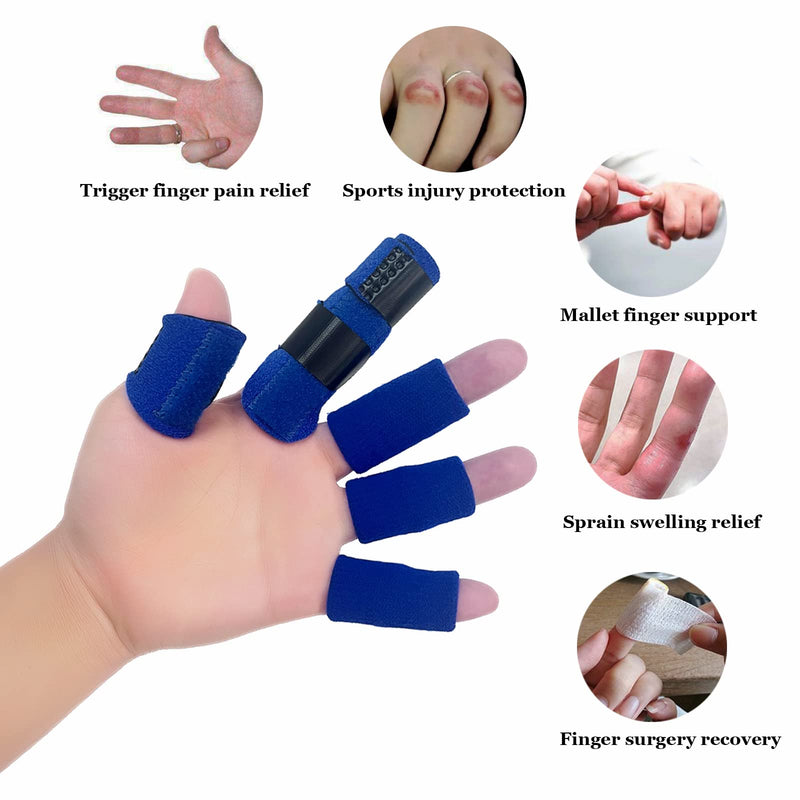 [Australia] - Finger Support Splints, Adjustable Set of 4 Trigger Finger Splint and 10 Nylon Finger Sleeves for Pain Relief, Finger Brace Stabilizer for Broken Finger, Straightening, Arthritis, Injured Finger Blue 