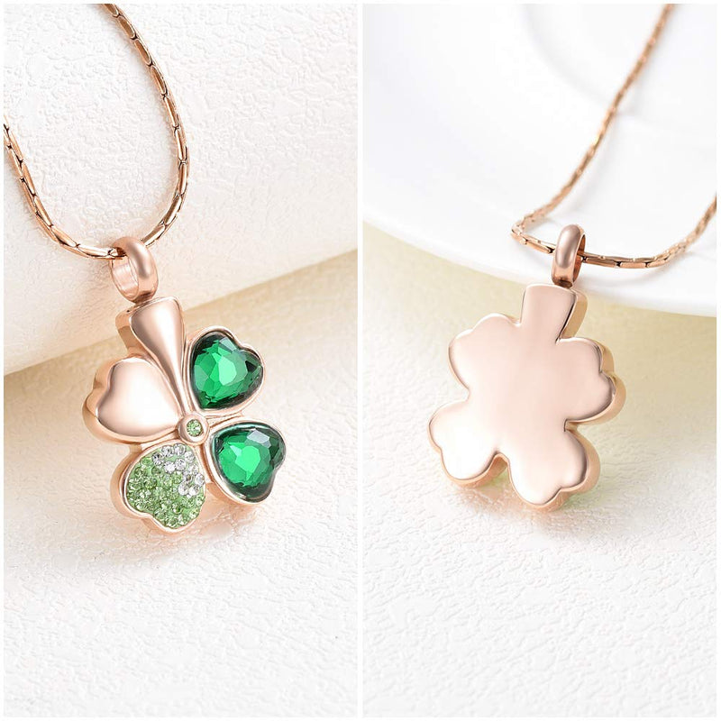 [Australia] - constantlife Cremation Jewelry Memorial Urn Necklace for Ashes Lucky Four-Leaf Clover Design Stainless Steel Pendant Keepsake Rose Gold+Dark Green 
