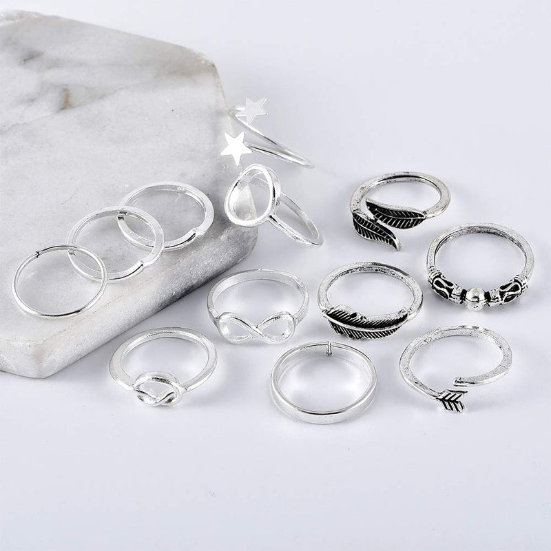 [Australia] - ZZ ZINFANDEL 12-20 Pcs Multiple Boho Silver Ring Set Star Moon Wave Feather Rings Stackable Knuckle Rings for Women Bohemian Midi Finger Rings Set for Teens Girls A:12pcs silver 