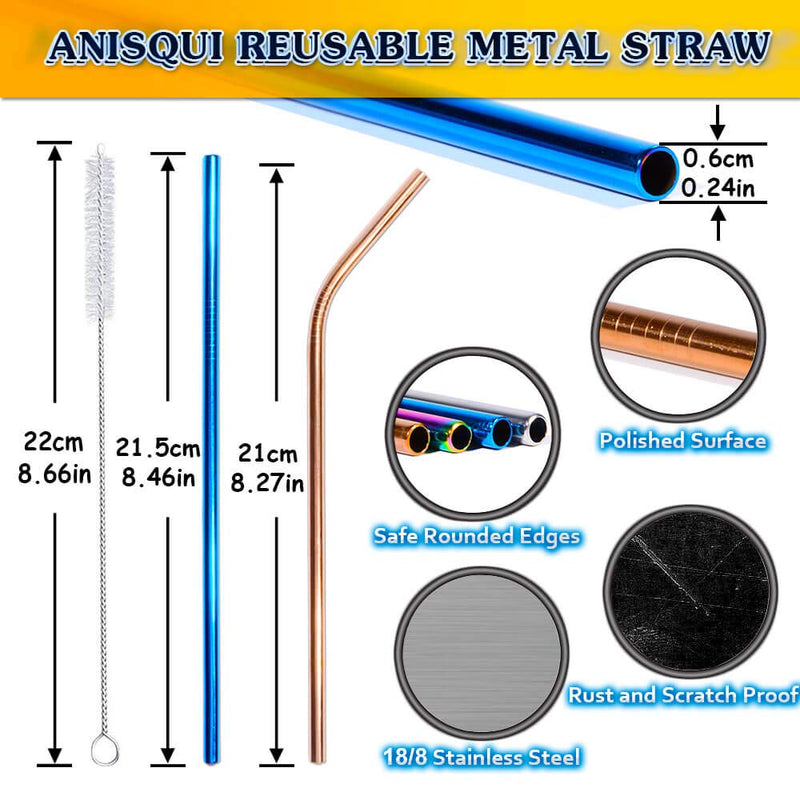 [Australia] - Set of 8 Reusable Metal Straws and Cleaner, 8.5'' Coloured Stainless Steel Straws Reusable, (4 Straight + 4 Bent + 2 Brushes Reusable Straws Drinking) by AniSqui 
