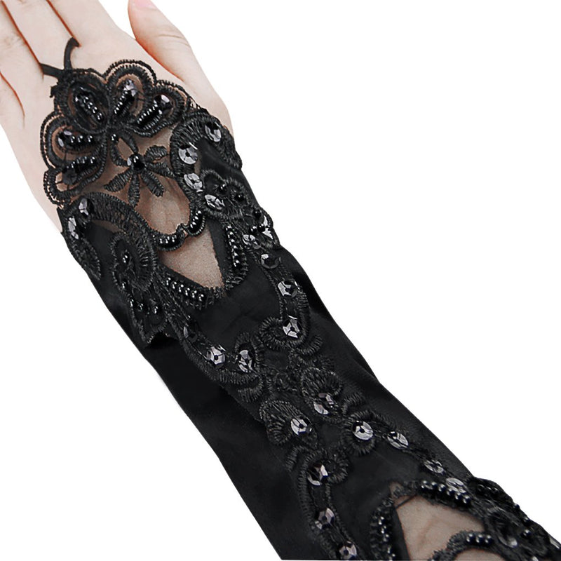 [Australia] - Flower Girls Gloves Pageant Satin Bowknot Wrist Long Lace Wedding Dress Gloves 5-12Yrs Fingerless Bead-black 