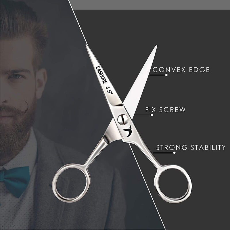 [Australia] - Candure Beard Scissors Professional Moustache Scissors Ear and Nose Hair Trimming Scissors Stainless Steel, Safety Use for Eyebrows, Eyelashes, and Ear Hair 