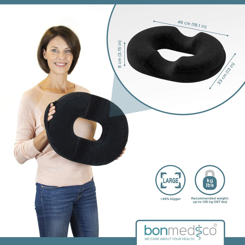 [Australia] - bonmedico Medical Doughnut Cushion - Ring Coccyx Cushion with Innovative Gel Layer for Pressure Relief and Bottom Pain Relief - Ideal for Haemorrhoids, Piles, Postnatal Care or as a Wheelchair Cushion Black Velour Large 