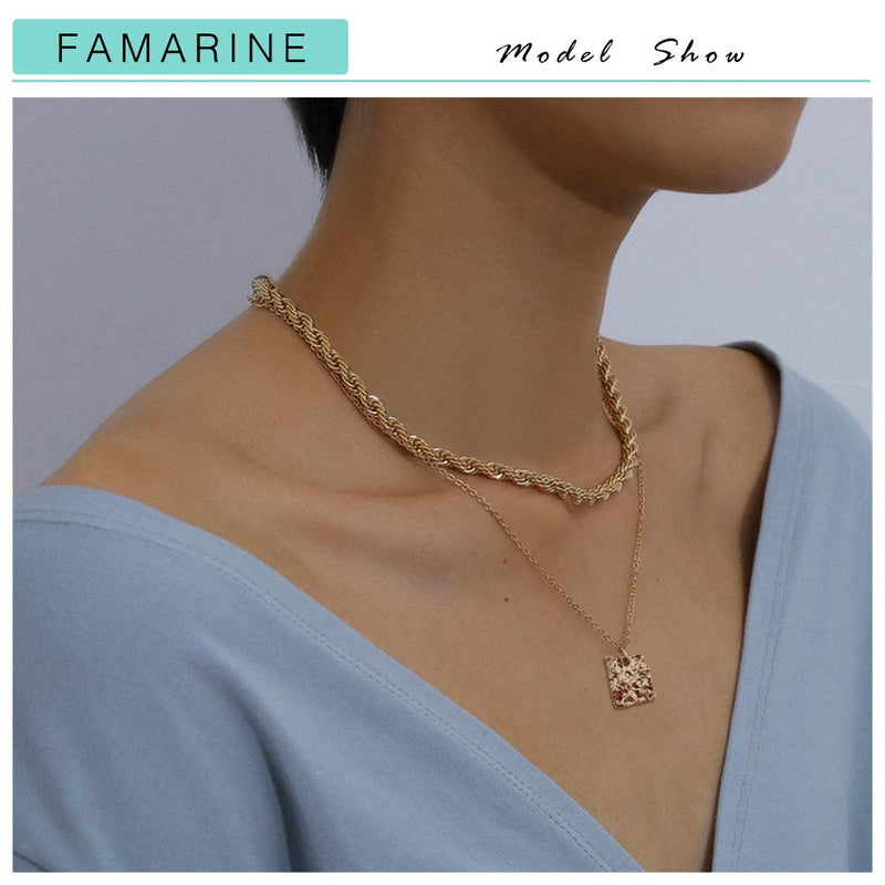 [Australia] - FAMARINE Gold Choker Layered Necklace for Women 4MM, Fashion Geometric Pandent 2 Layered Necklaces for Teen Girls Gift, 18K Gold Plated rope chain 