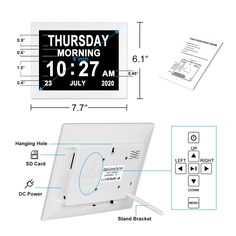 [Australia] - [8 Alarm Options] Extra Large Day Date Month Clocks Auto Dimmer+Battery Backup Digital Calendar Day Dementia Clock for Seniors Elderly Vision Impaired Memory Loss Clocks 8"-white 