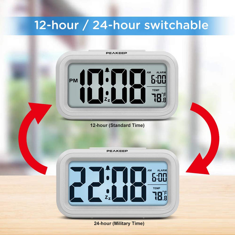 [Australia] - PEAKEEP Smart Night Light Digital Alarm Clock with Indoor Temperature, Battery Operated Desk Small Clock (White) White 