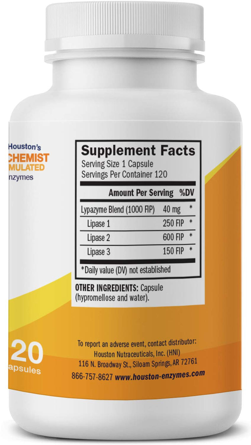 [Australia] - Houston Enzymes – Lypazyme – 120 Capsules – Professionally Formulated with 3 Different Lipase Enzymes – Supports Complete Breakdown of Triglyceride Fats – Excellent for High-Fat Diets 