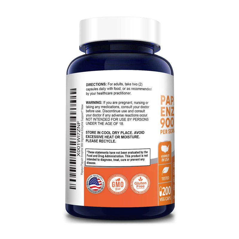 [Australia] - Papaya Papain Enzyme 900mg 200 Veggie Caps (100% Vegetarian, Non-GMO & Gluten Free) 