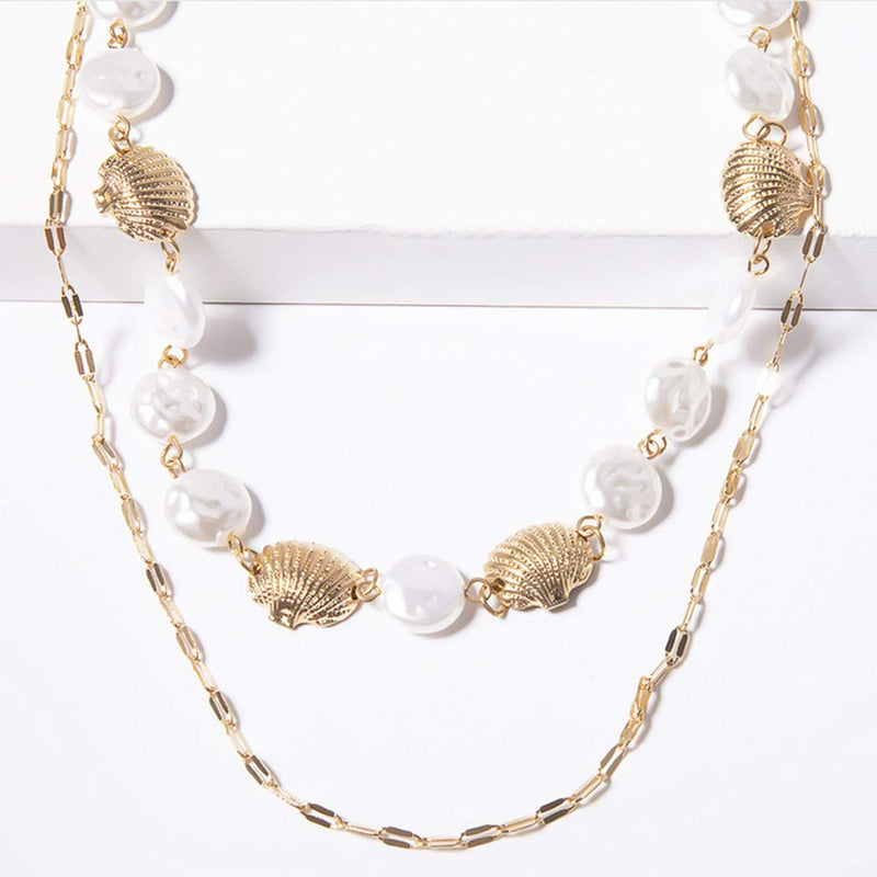 [Australia] - Jakawin Pearl Layered Necklace Shell Gold Multi-layered Necklaces Adjustable Chain for Women and Girls NK156 