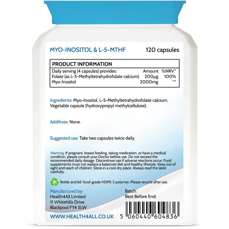 [Australia] - Health4All Myo-Inositol with L-5-MTHF Methylfolate 120 Capsules (V) (not Tablets) aids PCOS, hormonal Balance, Conception. Purest with no additives supplement 120 Count (Pack of 1) 