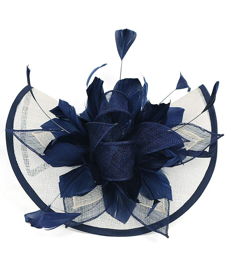 [Australia] - Z&X Sinamay Fascinator Kentucky Derby Church Hats for Women Floral Feather Tea Party Hat Bridal Headpiece with Headband Clip 006a Navy Blue and White 