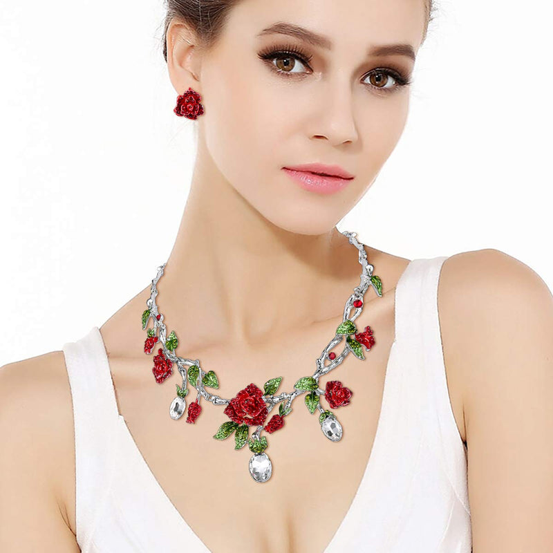 [Australia] - EVER FAITH Rhinestone Crystal Gorgeous Red Rose Flower Green Leaf Necklace Earrings Set Red Silver-Tone 