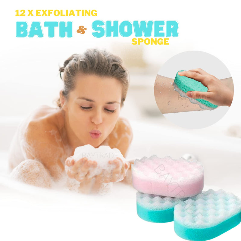 [Australia] - 12 x Bath Sponge for Adults - Exfoliating Body Shower Scrubber for Men Women Kids Children - One Smooth Side - One Rough Side to Exfoliate (12) 12 