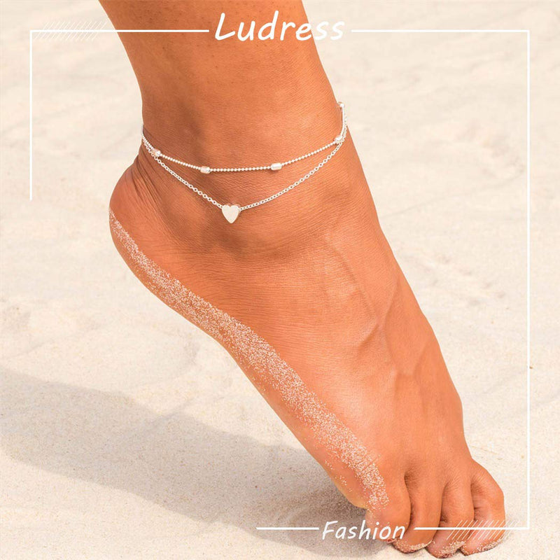 [Australia] - Ludress Boho Layered Anklets Silver Heart Ankle Bracelet Beaded Ankle Chain Beach Foot Chain Jewelry Accessories for Women and Girls 