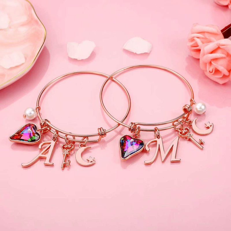 [Australia] - Memorjew Charm Bracelets for Women Girls, Crystal Heart Initial Charm Bracelets for Women Girls Jewelry Mothers Day Valentines Birthday Teen Girls Gifts, Flower Girl Bridesmaid Gifts for Wedding A - Rose Gold 