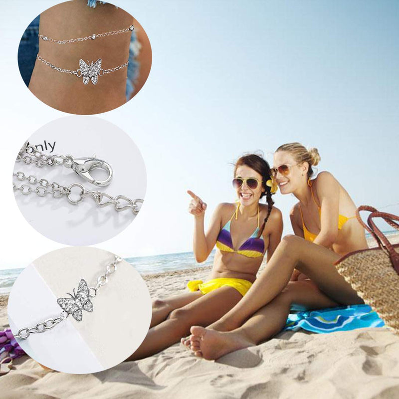 [Australia] - 14K Butterfly Silver anklets for Women - Adjustable Layered Women's anklets - Jewelry Anklet Gifts for Women Teen Girls 