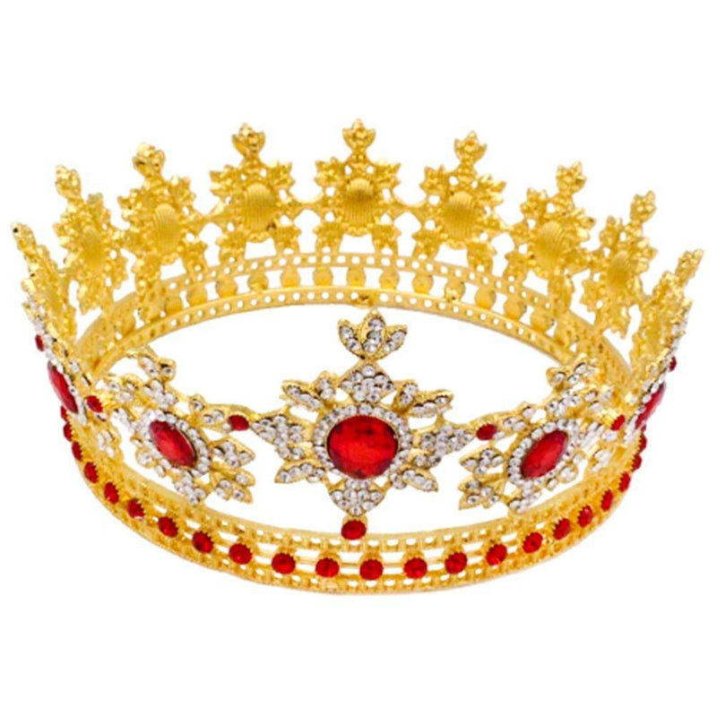 [Australia] - FRCOLOR Baroque Crown Queen Full Round Crowns Rhinestone Beads Vinatge Princess Tiara Wedding Headpiece for Women,Bride(Gold Red) 13x13cm Gold Red 