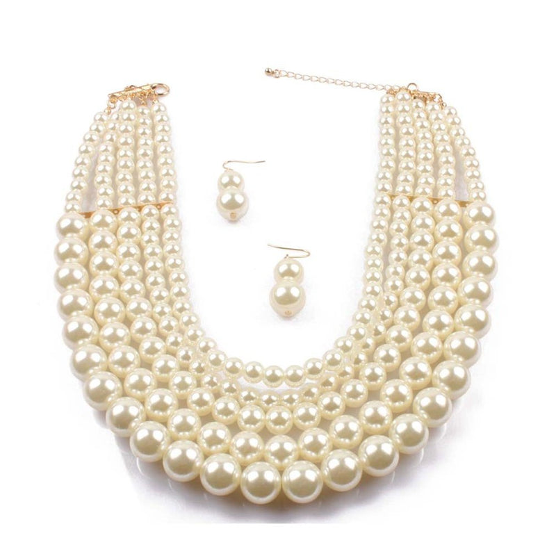 [Australia] - Thkmeet Women Elegant 5 Layer Pearl Bead Cluster Collar Choker Necklace and Earrings Set White 