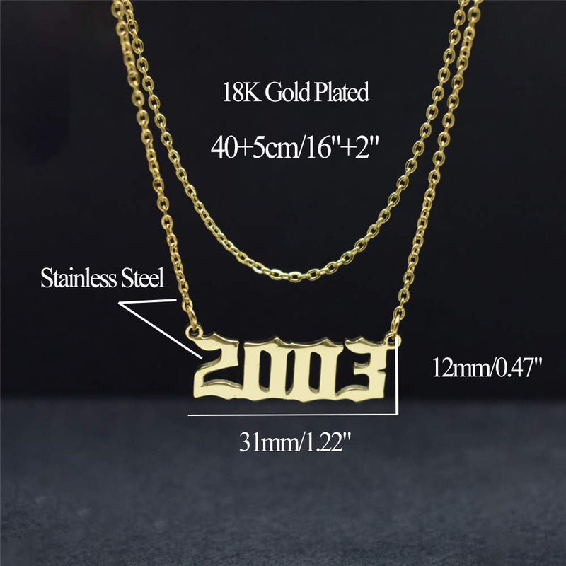 [Australia] - HUTINICE Birth Year Necklace, Old English Number Silver Pendant Necklace for Women and Girl Birthday Gift 18 inch Gold Chain Stainless Steel Friendship Jewelry Gold Color 2003 