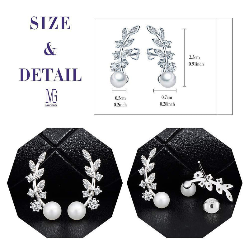 [Australia] - MICGIGI-Women Stylish Leaves Pearl Earrings 925 Sterling Silver Zirconia Stud Earrings 5mm Pearl(Silver) 
