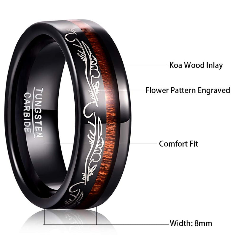 [Australia] - MEILING LINGMEI 8mm Men's Black Tungsten Carbide Wedding Band Koa Wood Inlay Flower Pattern Design Engagement Ring Comfort Size 7-12 