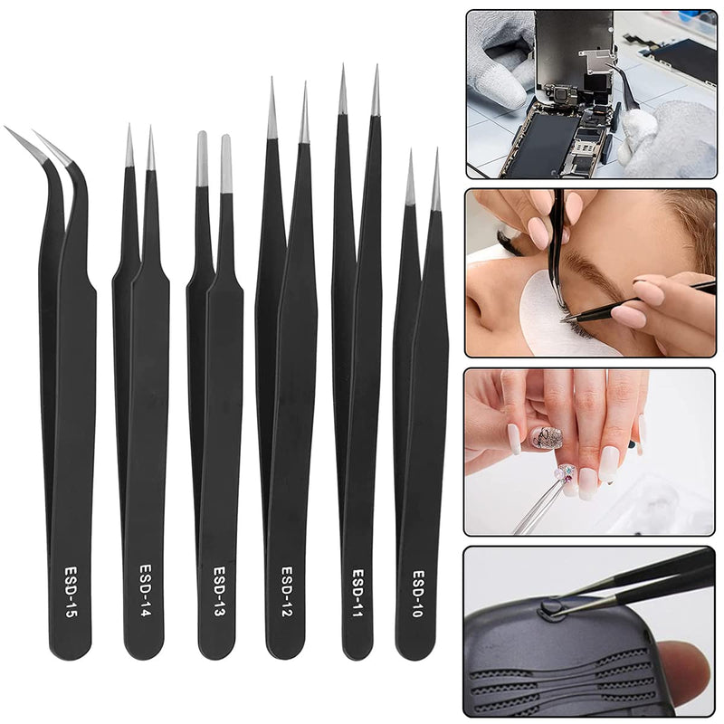 [Australia] - Precision ESD Tweezers Set, Anti-Static Stainless Steel Tweezers Set Kit Perfect for Electronics, Craft, Jewellery, Soldering, Laboratory Work and Detailed Work 10pcs 