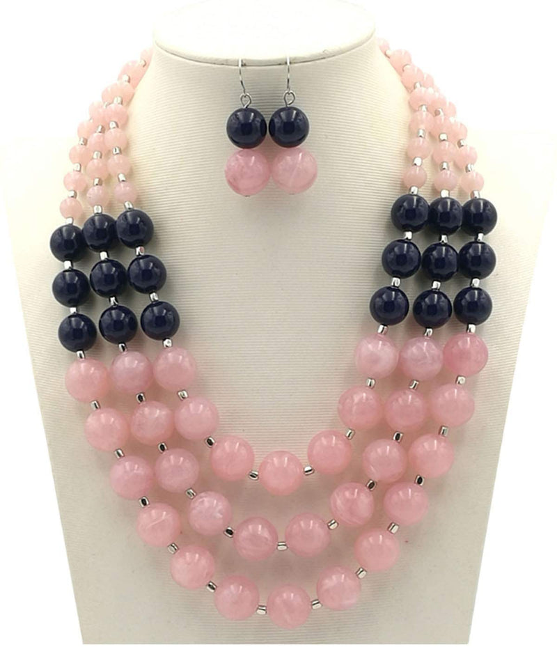 [Australia] - Shineland Elegant 3-Row Layered Handmade Acrylic Glass Pearl Stone-simulated Beaded Necklace Earrings Set Style # 2(pink) 